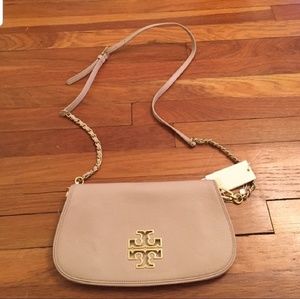 Tory Burch 'Britten' Light Oak Leather Flap Clutch